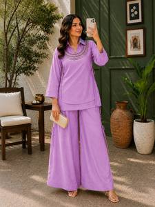 Ensemble indien pakistanais en viscose brodée pour femmes, haut et pantalon deux pièces, col en V, tenue décontractée d'été - Product Image 3