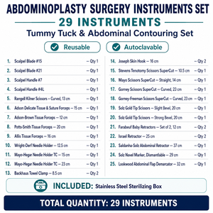 Sambrialmed - Juego de Instrumentos Quirúrgicos Internacionales de Acero Inoxidable de Grado Médico para Contorno Abdominal y Abdominoplastia, 29 Piezas, Manual - Product Image 6
