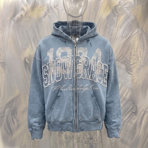 เสื้อฮู้ดซิป Snowgrace สีน้ำเงิน ทรงโอเวอร์ไซส์ สตรีทแวร์ผู้ชาย โลโก้ด้านหน้า ผ้าฝ้ายฟอก ทรงเฟรนช์เทอร์รี่ - Product Image 3