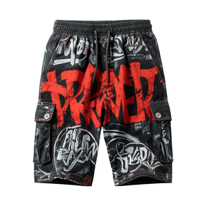 Shorts en coton pour hommes, décontractés, taille mi-haute, avec cordon de serrage, respirants, imprimés graffiti - Product Image 2