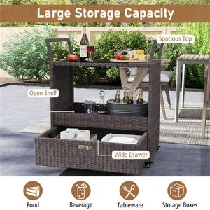 Chariot de bar d'extérieur en rotin PE tressé à la main avec plateau en verre trempé et tiroir, 4 roues avec freins, chariot de service pour mobilier de patio - Product Image 2