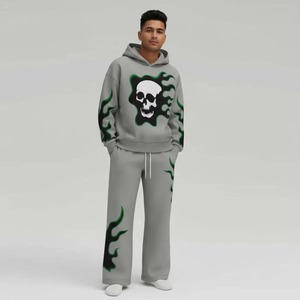Ensemble de survêtement Y2K pour homme entièrement personnalisé, en molleton épais gris, avec broderie tête de mort et flammes, pantalon évasé, style streetwear, OEM ODM - Product Image 4