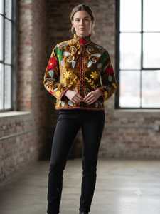 Veste en velours moutarde à col montant pour femme, broderie florale faite à la main, style vintage ethnique bohème - Product Image 2