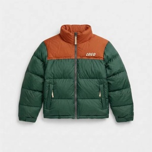 Blouson matelassé unisexe bleu à blocs de couleur, col montant, fermeture éclair, coupe-vent, hiver, décontracté, en polyester épais - Product Image 2