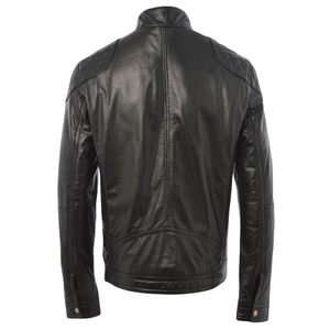 <b>Men's</b> Black Solid Color Genuine <b>Leather</b> Moto <b>Jacket</b> Stand Collar Zipper Closure Regular Fit <b>Leather</b> <b>Jacket</b> Available For Sale - Product Image 5