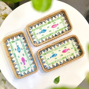 Handcrafted Set of 3 Mother of Pearl Rattan Trays: Elegant Shell Inlay Rectangular Plates for Luxury Tableware & Decor - Product Image 1