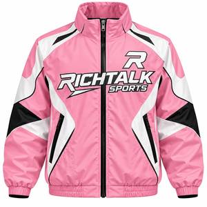 Men's Pink Windproof <b>Racer</b> <b>Jacket</b> Stand Collar Zipper Front Logo Color Blocking Sporty Style Autumn Wear - Product Image 1