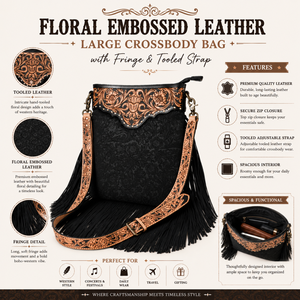 Western Floral Embossed Leather Crossbody Bag Genuine Tooled Leather Fringe Shoulder Purse Cowgirl Boho <b>Handbag</b> for Women Travel - Product Image 4