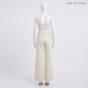 <b>Women</b> Cream Denim Bow <b>Crop</b> Top And Wide Leg <b>Jeans</b> Set Casual Two Piece Matching Outfit Summer Streetwear Fashion - Product Image 4