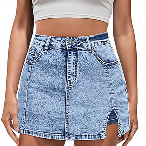 Jupe mini en jean taille haute pour femme avec fente avant et poches, coupe moulante décontractée, en coton délavé et déchiré, style été - Product Image 1