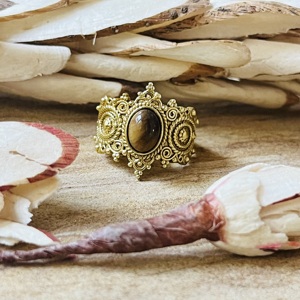 Antique Vintage Style Brass <b>Ring</b> Tiger Eye Chunky Gold Plated <b>Statement</b> <b>Ring</b> Tribal Ethnic Design Handmade Textured Wholesale - Product Image 1