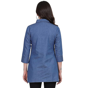 Chemise Western de Haute Qualité pour Femme, Style Cowgirl, Élégante, Manches Longues, Couleur Bleu Foncé Uni, Boutonnée, en Denim, Blouse pour Femme - Product Image 3