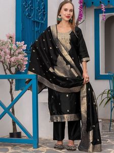 Black Silk Blend Gold Print Quick Dry <b>Kurta</b> Set Dupatta Traditional Indian <b>Women</b> Wedding Wear Knee-Length Regular Fit - Product Image 4