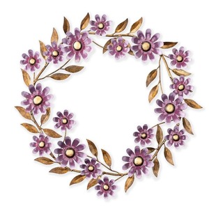 Magnifique couronne de fleurs en métal violet, ornée de feuilles vertes et de centres décoratifs, sculpture murale élégante faite à la main pour l'intérieur et l'extérieur - Product Image 2