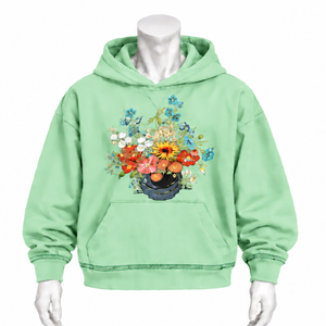 Sweat-shirt à capuche vert menthe avec motif floral coloré, coupe oversize, poche kangourou, style décontracté et tendance - Product Image 1