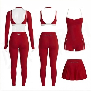 Red 5 Piece Yoga Set With Zipper Front Sweat Wicking Sportswear For Women High Waist Leggings And <b>Skirt</b> Contrast Binding - Product Image 2