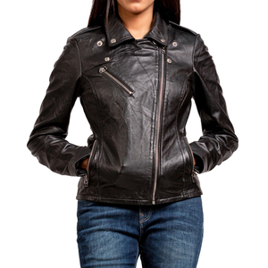 Veste moto en cuir véritable pour femme, manches longues, fermeture éclair, col montant, couleur unie, style automne - Product Image 1