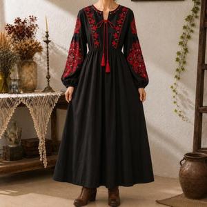 Vestido Maxi Boho Premium de Algodón con Bordado Rojo, Manga Larga, Corte en A, Holgado, Cuello con Lazo, Estilo Vintage, Ropa Casual de Primavera - Product Image 3