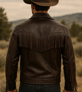 Luxury <b>Men</b>’s Genuine <b>Leather</b> Fringe <b>Jacket</b> <b>Brown</b> Western Cowboy Style Vintage Tassel Outerwear for <b>Men</b> - Product Image 2