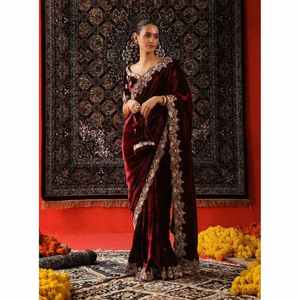 CRÉATEUR VELOURS ZARI FIL BRODERIE TRAVAIL SAREE AVEC CHEMISIER INCOSÉ MARRON - Product Image 1