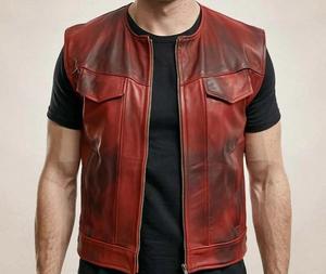 Chaleco de Cuero Rojo Vintage de Alta Calidad para Hombre, Chaleco Clásico para Motociclistas con Cierre Frontal de Broches, para Usar en Todas las Estaciones - Product Image 1