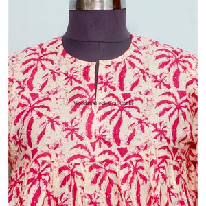 Vestido informal de verano vintage para mujer, de algodón puro, con estampado de palmeras, manga abullonada, cuello en V, estilo túnica natural. - Product Image 3