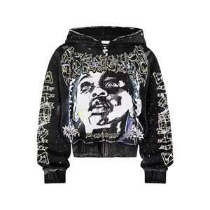 Sudadera con capucha 100% algodón con cremallera de un cuarto, efecto vintage deslavado al ácido y desgastado por el sol, con logotipo personalizado y pedrería, 360 g/m², conjunto de sudadera con capucha - Product Image 6