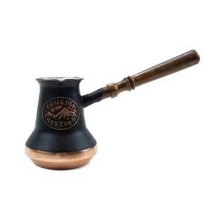 Cafetière et théière turque en cuivre noir, forme ronde, décorative, style indien, compatible lave-vaisselle et four, avec poignée en bois. - Product Image 1