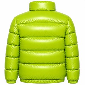 Men's <b>Lime</b> <b>Green</b> PU Puffer <b>Jacket</b> Stand Collar Zipper Closure Windproof Winter Casual Thick Polyester Filling Coat - Product Image 2
