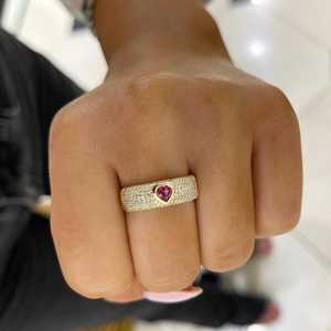 Bagues de cigare en diamant en or massif 10K 14K 18K, serties pavé avec rubis cœur taille ronde cultivés en laboratoire, dôme large, bague de déclaration de mariage - Product Image 2