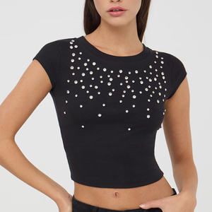High Quality Women's Loose Fit Rhinestone Tee Comfortable Eco-Friendly Cheap Price Rhinestone T-shirt - Product Image 2