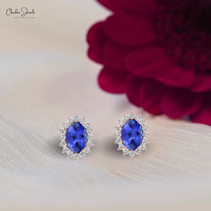 ต่างหูทองคำแท้ 14K ประดับพลอยแทนซาไนต์ทรงรีขนาด 6x4 มม. พร้อมเพชร G-H ต่างหูแบบสั่งทำ เครื่องประดับคุณภาพสูง ขายส่ง - Product Image 1