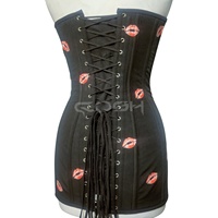 Overbust-Stahlkorsett-Kleid aus schwarzem Neopren mit roten Kuss-Aufklebern für Sommerpartys und Clubwear mit natürlicher Taillenlinie