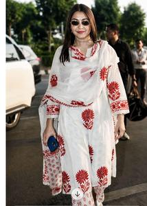 Ensemble de robe longue décontractée pour femmes, style traditionnel indien pakistanais, imprimé floral blanc et rouge, coupe trapèze, avec dupatta - Product Image 2