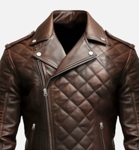 เสื้อแจ็คเก็ตหนังแกะแท้สีน้ำตาลสำหรับผู้ชาย คอตั้ง ปิดด้วยซิป ดีไซน์เย็บลาย แต่งเข็มขัด ทรงเข้ารูป ใส่ได้ในฤดูหนาว แบบบาง - Product Image 4