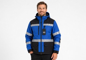 Men's Blue Black Hi Visibility Work <b>Jacket</b> With Reflective Stripes And Hood Polyester Material For Safety <b>Jacket</b> - Product Image 1