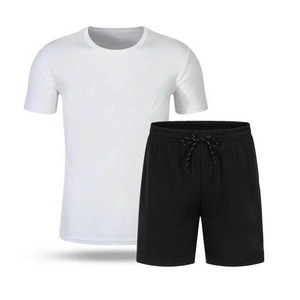 Conjunto de Camiseta Azul de Cuello Redondo y Pantalones Cortos Negros para Hombre, de Secado Rápido, Tejido, Informal, para Verano - Product Image 3