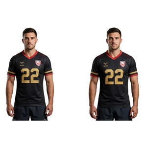 Camiseta de Fútbol Americano Personalizada Sublimada 100% Poliéster para Fanáticos |   Uniforme de Equipo Rojo Negro Dorado |   Cuello en V, Numerado, Transpirable - Product Image 5