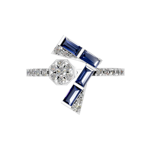 925 Sterling Silver Deco Art Bague pour Femmes Or Blanc Naturel Baguette Bleu Saphir Diamant Accents pour la Fête de Mariage IGI - Product Image 3