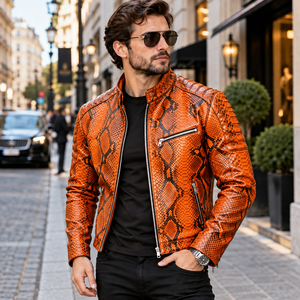 Mens Orange Python Print Leather <b>Biker</b> <b>Jacket</b> | Genuine Leather Motorcycle <b>Jacket</b> | Luxury Snakeskin Pattern Winter <b>Jacket</b> - Product Image 1
