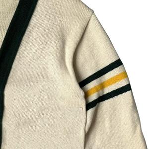 Men's Cream V-Neck Cardigan With Black Trim And <b>Yellow</b> Stripe Sleeve Full Sleeve Cotton Knit Sweater Autumn Wear - Product Image 6