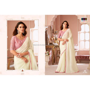 Fantaisie indienne avec séquence de couleurs doubles et broderie de fil Saree à bordure coupée avec chemisier en soie Satin Banglory - Product Image 4