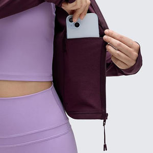 Women's Fitted Long Sleeve Zip-Up <b>Yoga</b> <b>Jacket</b> Solid Color Breathable 100% Polyester Ribbed Lightweight Thumbholes Seamless - Product Image 5