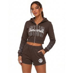 Custom Wholesale Women Rhinestone Acid Wash <b>Cropped</b> Hoodie Tracksuit <b>Zip</b> <b>Up</b> Hooded Sweatshirt and Jogger Shorts Streetwear Set - Product Image 5