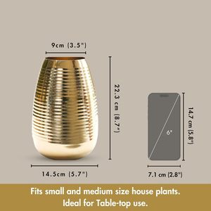 Oval Shape Metal Flower Vase Ribbed Golden Decorative Vase for Home Office Table Decor 8.7 Inch - Product Image 5