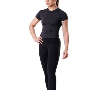 Crop top noir pour femme, manches courtes, col rond, couleur unie, tricoté, séchage rapide, coupe sportive, ajusté, taille normale - Product Image 5