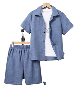 Ropa para niño en oferta, conjunto de primavera, verano y otoño, camisa de tela tejida con botones y pantalones cortos con cintura elástica. - Product Image 1