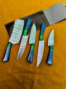 Ensemble de couteaux en acier Damas 5 pièces, acier au carbone 96 couches, finition satinée, manche en résine, lame droite ambidextre, couteaux de chef tranchants - Product Image 3