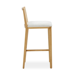 Tabouret de bar moderne en bois rembourré avec dossier en rotin et assise en tissu pour mobilier de bar à domicile - Product Image 3