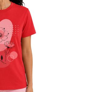 เสื้อยืดลำลองผู้หญิงสีแดงแบบกำหนดเองจากผู้ผลิต พร้อมลายพิมพ์กราฟิกดอกไม้ โลโก้แบบกำหนดเอง แขนสั้น คอกลม แฟชั่นเสื้อท่อนบนสำหรับฤดูร้อน - Product Image 4